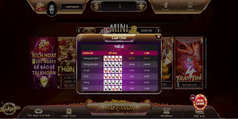 Tại game Mini Poker anh em chọn mức cược phù hợp với túi tiền của mình